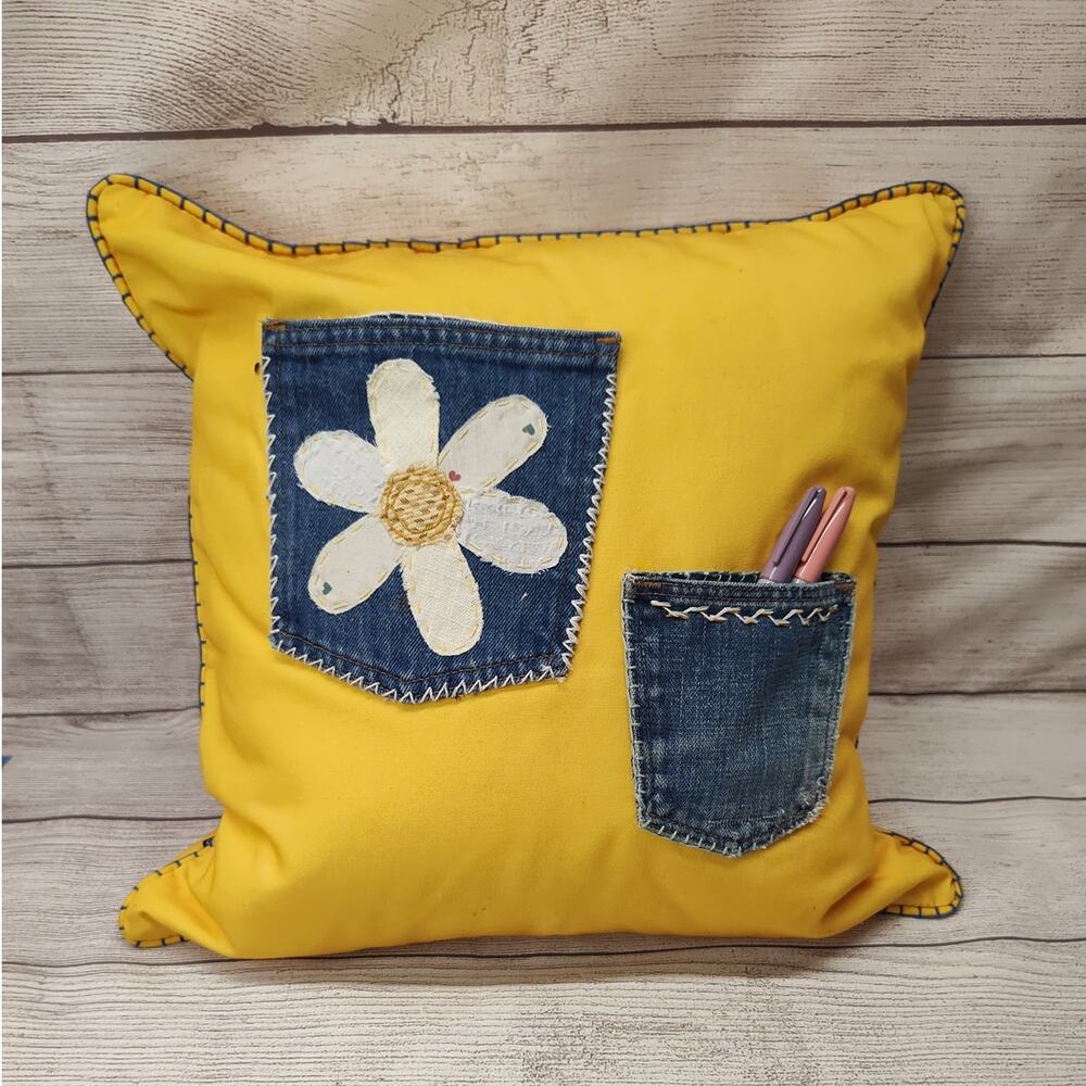 Upcycled Decorative pillow with Applique Jeans Pockets and Embroidery